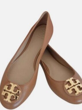 Tory Burch Cognac Leather Logo Round-Toe Ballet Flats
